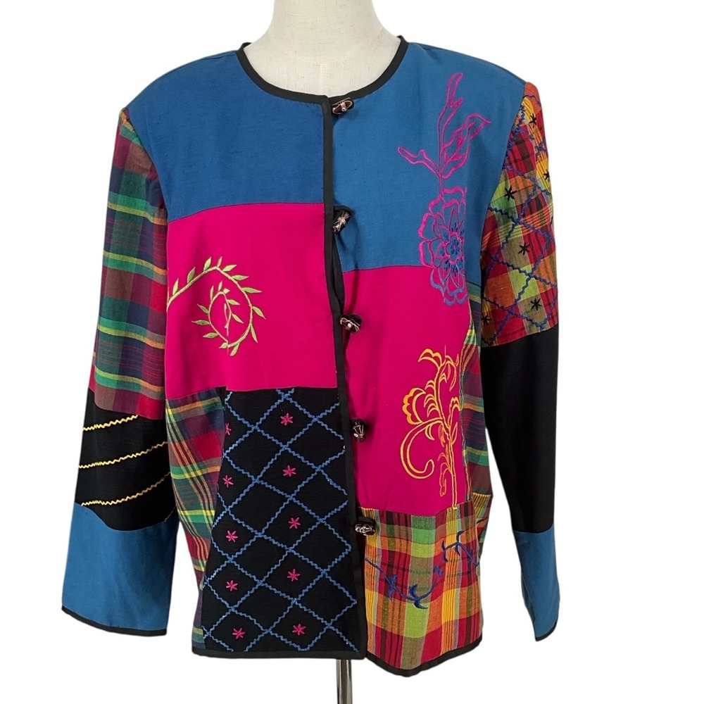 Alex Kim Patchwork Embroidered Jacket Blue Pink Plaid Artsy Boho XL